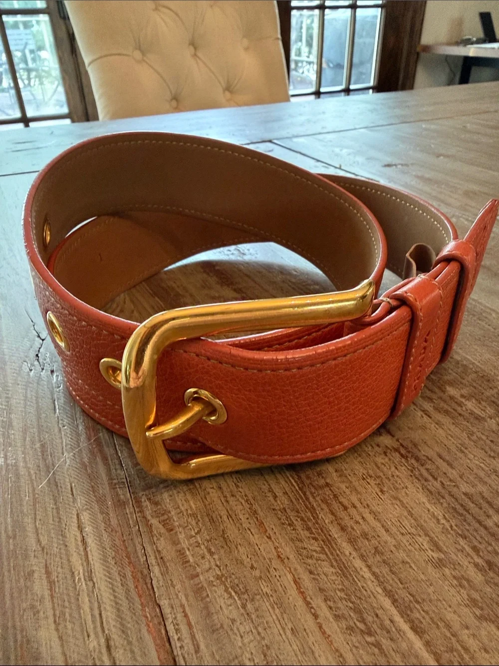 Prada Orange Leather Belt with Gold Hardware